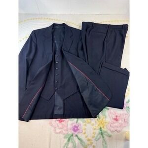 William Rogers Mens 3 Piece Suit Navy Blue 42 Long Wool Blazer Vest Trousers USA